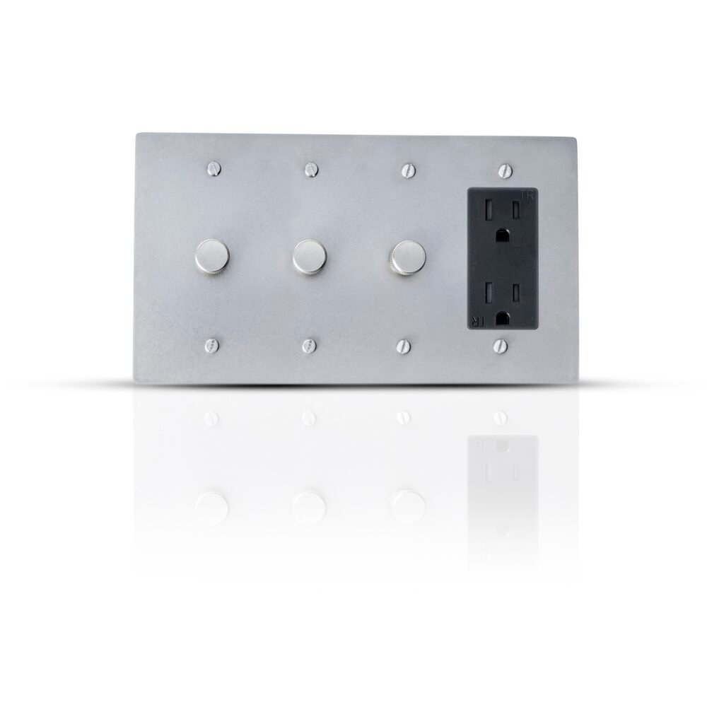 A sleek combo plate featuring three adjustable dimmer controls and one Decora outlet, designed for efficient and stylish lighting management in contemporary spaces.