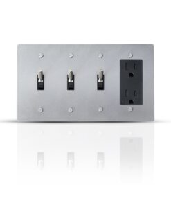 A luxurious brass panel featuring three toggle switches and a Decora outlet, blending classic elegance with modern functionality for a refined electrical setup.