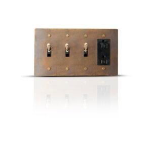 A luxurious brass panel featuring three toggle switches and a Decora outlet, blending classic elegance with modern functionality for a refined electrical setup.