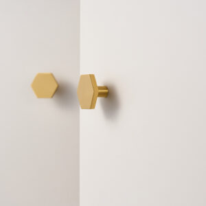 Solid brass hexagon cabinet knob with 1.18-inch width, 0.79-inch height, and 0.39-inch base width - modern geometric design